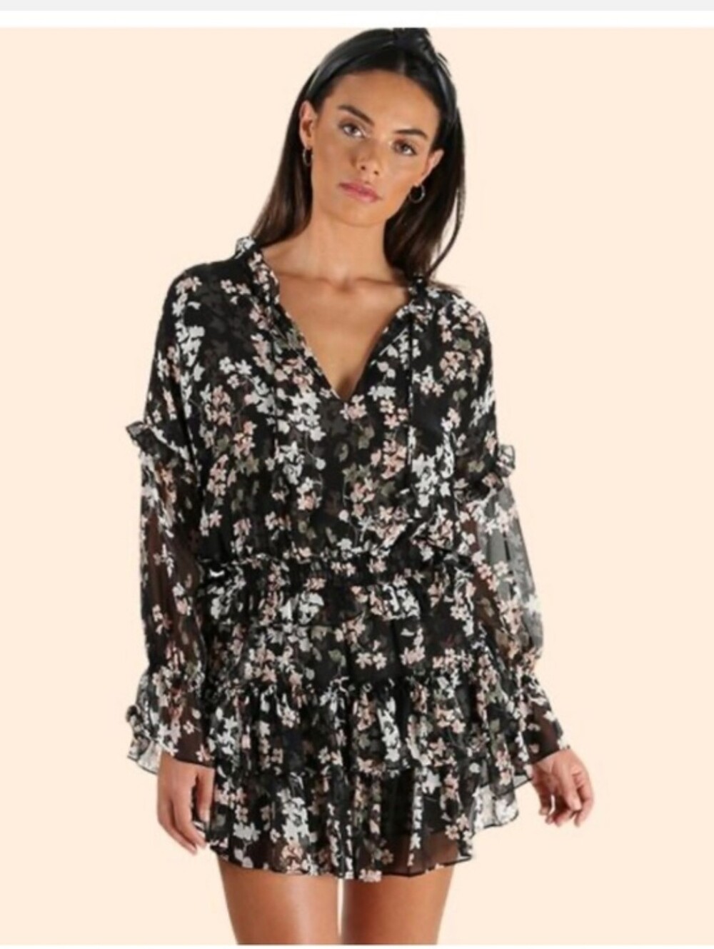 Misa Los Angeles SZ M Black Floral Ruffled Long Sleeve Mini Dress SZ M